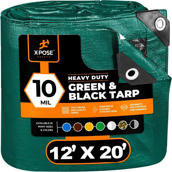 Xpose Safety 12 ft x 20 ft Heavy Duty 10 mil Tarp, Green/Black, Polyethylene MTGB-1220-X